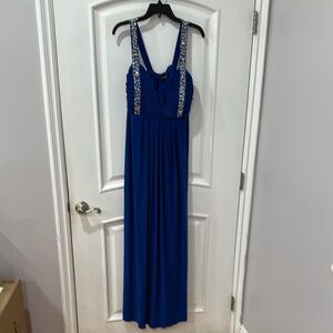 Betsy & Adam Blue Sequin Embellished Halter Gown